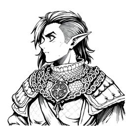 Greyscale ink illustration of an anime-style halfling cleric with prominent sideburns, depicted from shoulders up