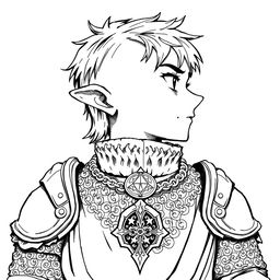 Greyscale ink illustration of an anime-style halfling cleric with prominent sideburns, depicted from shoulders up