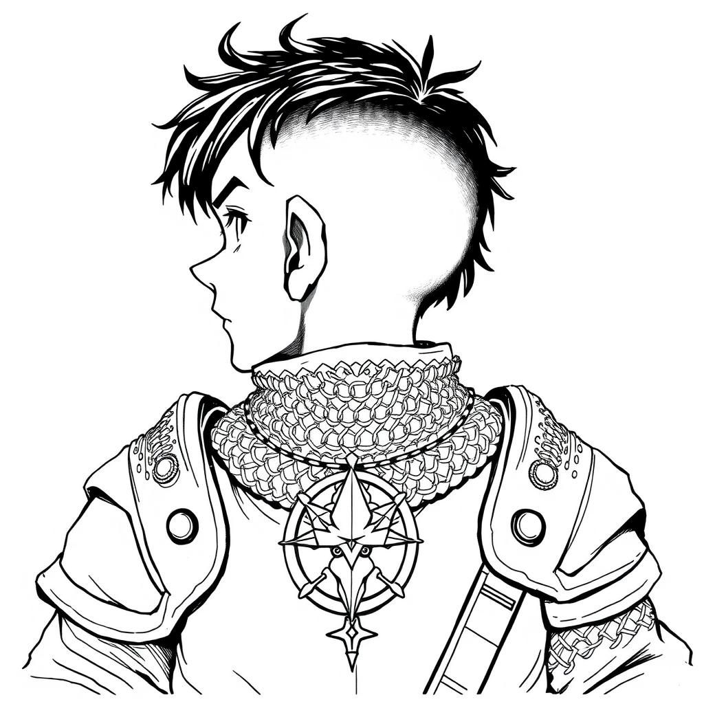 Greyscale ink illustration of an anime-style halfling cleric with prominent sideburns, depicted from shoulders up