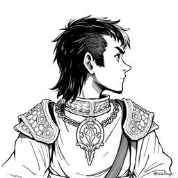 Greyscale ink illustration of an anime-style halfling cleric with prominent sideburns, depicted from shoulders up