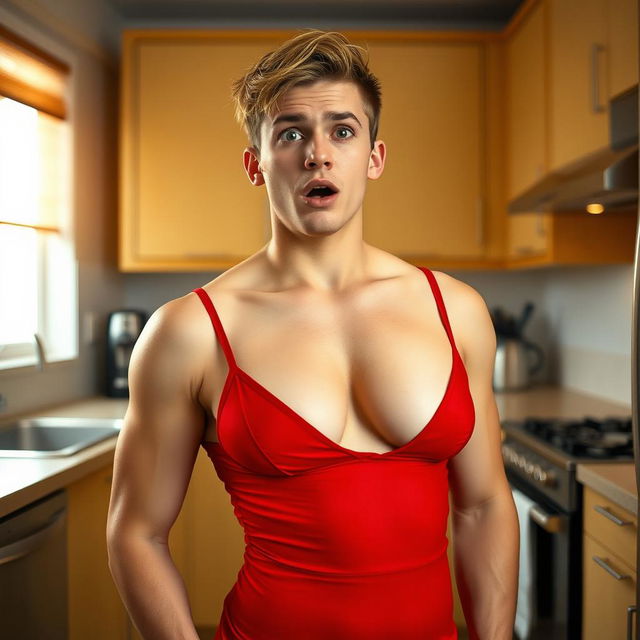 A 20-year-old male with masculine short hair, featuring a female body with big breasts and a voluptuous figure, clad in a short red dress with deep cleavage, bearing a shocked expression in a kitchen setting