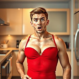 A 20-year-old male with masculine short hair, featuring a female body with big breasts and a voluptuous figure, clad in a short red dress with deep cleavage, bearing a shocked expression in a kitchen setting