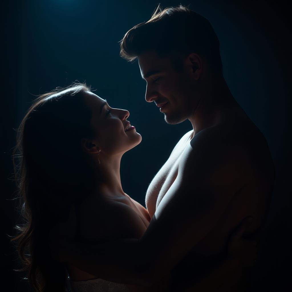 intimate and sensual composition of a couple embracing under dim lighting, highlighting their connection and chemistry, their eyes locked in a moment of tenderness, skin tones softly glowing, creating a sense of romantic allure and passion