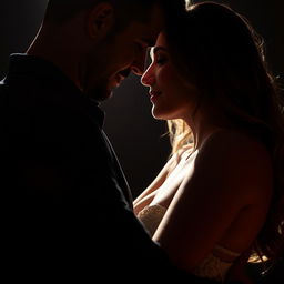 intimate and sensual composition of a couple embracing under dim lighting, highlighting their connection and chemistry, their eyes locked in a moment of tenderness, skin tones softly glowing, creating a sense of romantic allure and passion