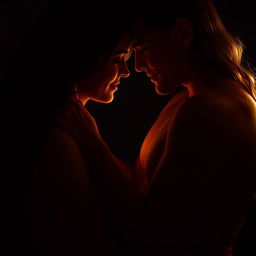 intimate and sensual composition of a couple embracing under dim lighting, highlighting their connection and chemistry, their eyes locked in a moment of tenderness, skin tones softly glowing, creating a sense of romantic allure and passion