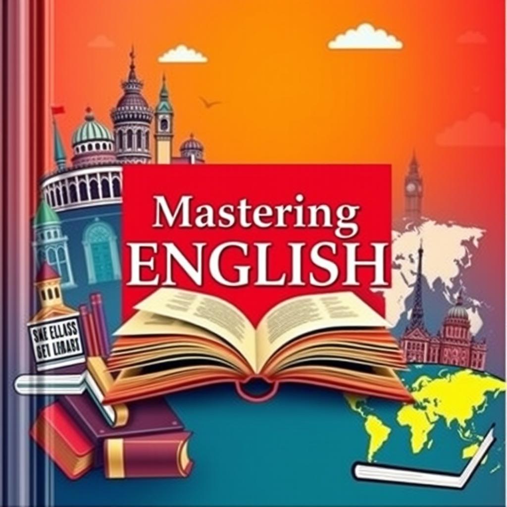 a captivating cover for an English textbook featuring a modern and engaging design with elements representing English literature and language learning