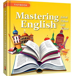 a captivating cover for an English textbook featuring a modern and engaging design with elements representing English literature and language learning