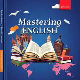 a captivating cover for an English textbook featuring a modern and engaging design with elements representing English literature and language learning