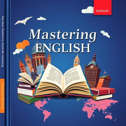 a captivating cover for an English textbook featuring a modern and engaging design with elements representing English literature and language learning