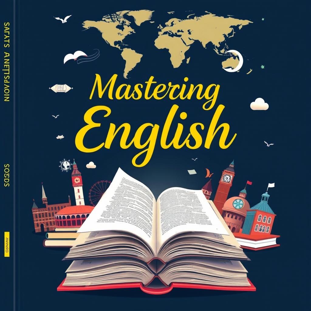 a captivating cover for an English textbook featuring a modern and engaging design with elements representing English literature and language learning