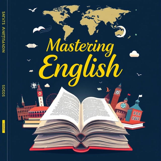 a captivating cover for an English textbook featuring a modern and engaging design with elements representing English literature and language learning