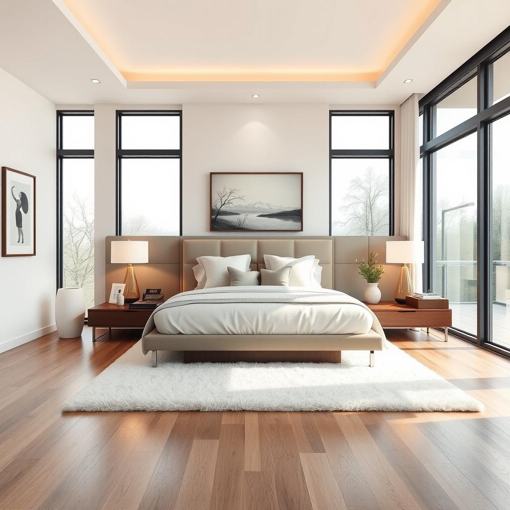 A modern and stylish bedroom design featuring a minimalistic interior