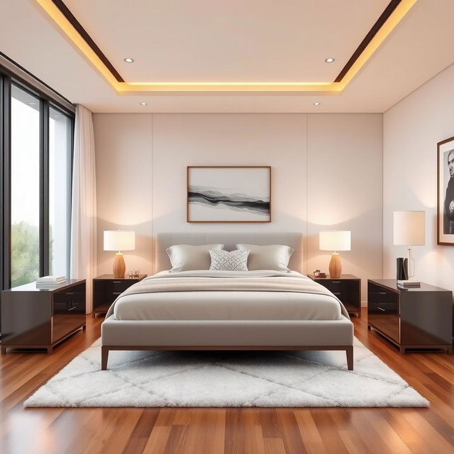 A modern and stylish bedroom design featuring a minimalistic interior