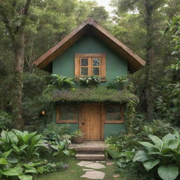 An animated image of a charming little house made from recycled materials, nestled in lush vegetation, highlighting its eco-friendliness and creativity.