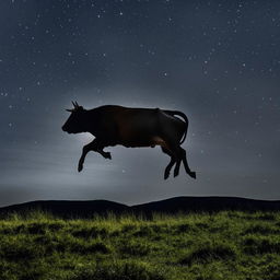 A playful cow, in mid-jump, silhouetted against a full and brightly illuminated moon in a dark, star-filled night sky.