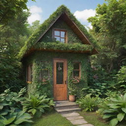 An animated image of a charming little house made from recycled materials, nestled in lush vegetation, highlighting its eco-friendliness and creativity.