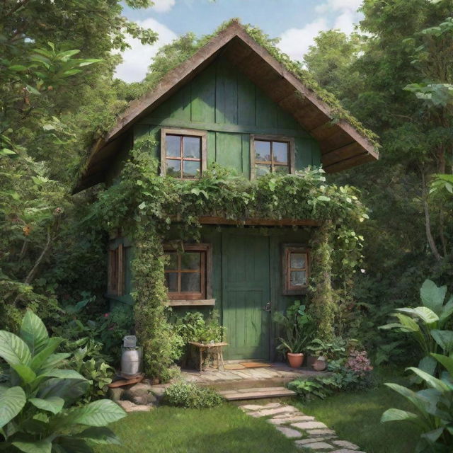 An animated image of a charming little house made from recycled materials, nestled in lush vegetation, highlighting its eco-friendliness and creativity.