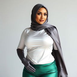 A voluptuous and curvaceous Arabic woman wearing a skintight white silk blouse that accentuates her figure