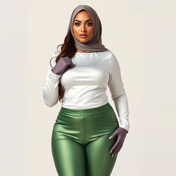 A voluptuous and curvaceous Arabic woman wearing a skintight white silk blouse that accentuates her figure