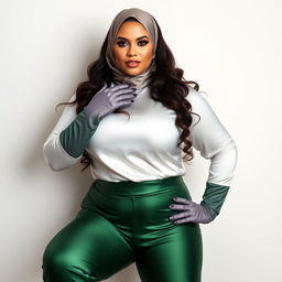 A voluptuous and curvaceous Arabic woman wearing a skintight white silk blouse that accentuates her figure