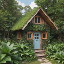 An animated image of a charming little house made from recycled materials, nestled in lush vegetation, highlighting its eco-friendliness and creativity.