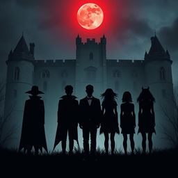 A group of six shadowy figures standing in a line in front of a castle backdrop