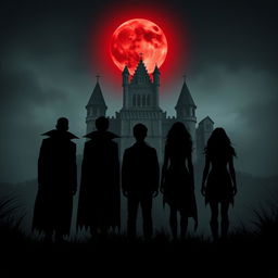 A group of six shadowy figures standing in a line in front of a castle backdrop