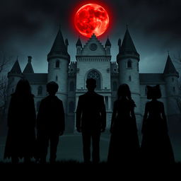 A group of six shadowy figures standing in a line in front of a castle backdrop