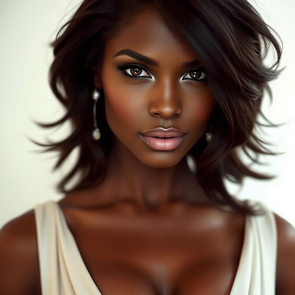 A dusky-skinned woman with deep, captivating eyes, highlighting her confidence and allure