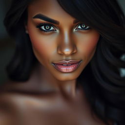 A dusky-skinned woman with deep, captivating eyes, highlighting her confidence and allure