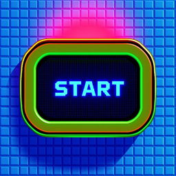 A vibrant, large pixel art start button with distinct details and bright colors