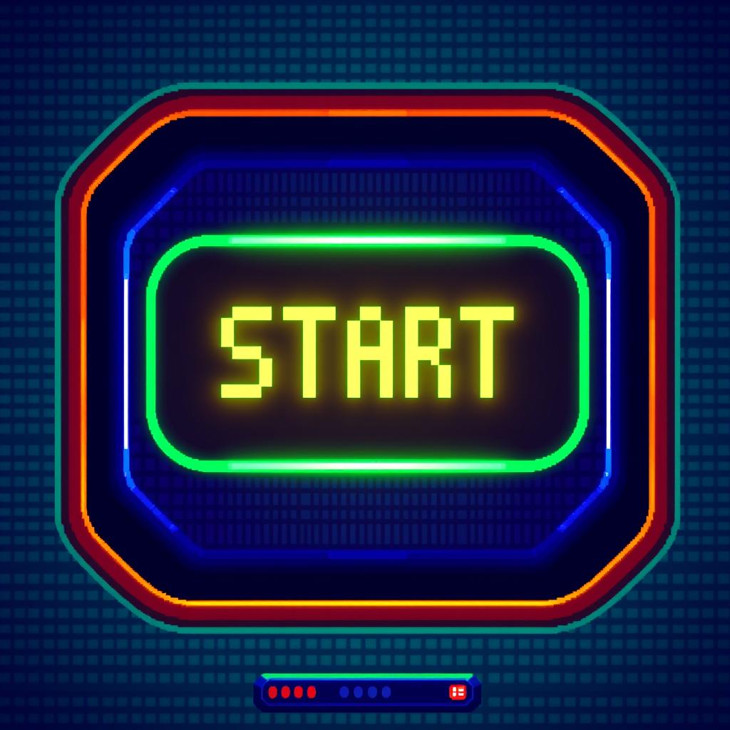 A vibrant, large pixel art start button with distinct details and bright colors