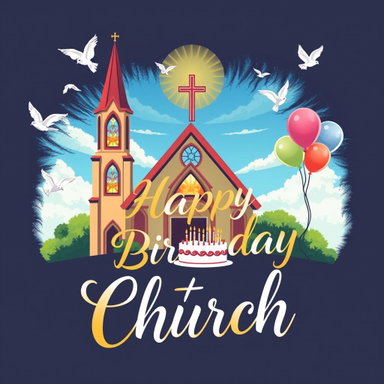 A church-themed birthday t-shirt design featuring a vibrant and celebratory atmosphere