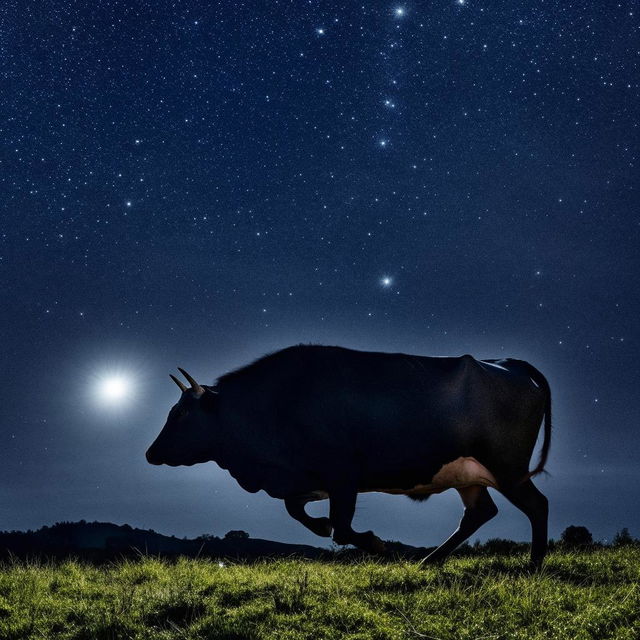 A playful cow, in mid-jump, silhouetted against a full and brightly illuminated moon in a dark, star-filled night sky.