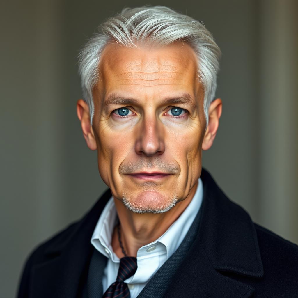 A distinguished face portrait of a British European man approximately 55 years old, showcasing a sharp, masculine face and a slim body type