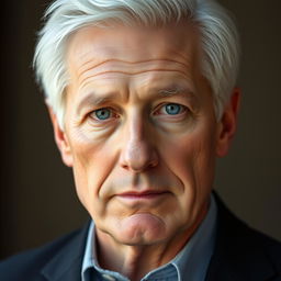 A distinguished face portrait of a British European man approximately 55 years old, showcasing a sharp, masculine face and a slim body type