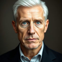 A distinguished face portrait of a British European man approximately 55 years old, showcasing a sharp, masculine face and a slim body type