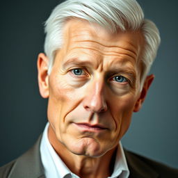 A distinguished face portrait of a British European man approximately 55 years old, showcasing a sharp, masculine face and a slim body type