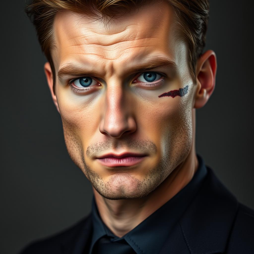 An intense face portrait of a British European man around 33 years old, featuring a sharp, masculine face with a scar adding character and depth