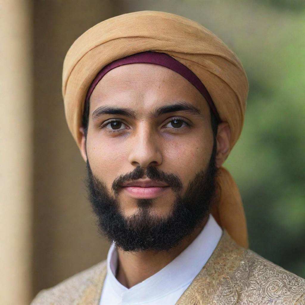 A handsome young Islamic scholar wearing a turban