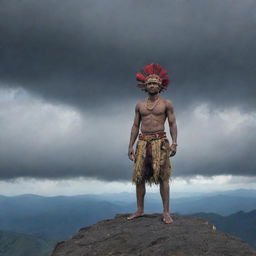 A Papua New Guinean man in traditional attire, standing atop a rocky mountain crest. The sky above him churns with dark, ominous clouds.