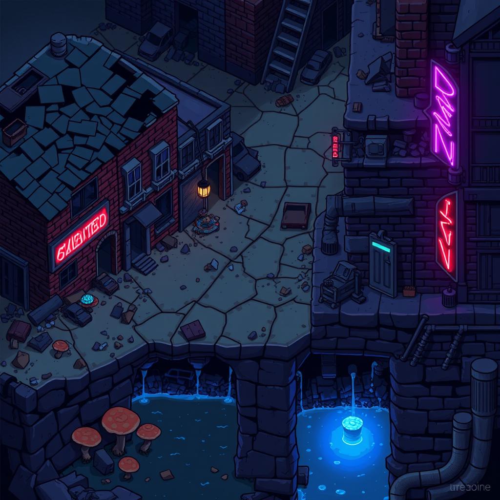 Pixel art for a procedurally generated "Ruined City" location in a roguelike platformer game