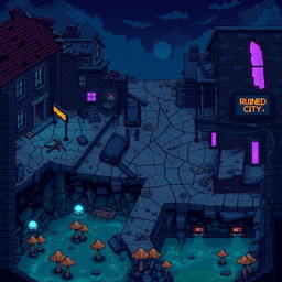 Pixel art for a procedurally generated "Ruined City" location in a roguelike platformer game