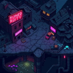 Pixel art for a procedurally generated "Ruined City" location in a roguelike platformer game