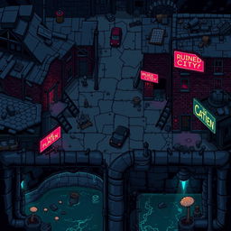 Pixel art for a procedurally generated "Ruined City" location in a roguelike platformer game