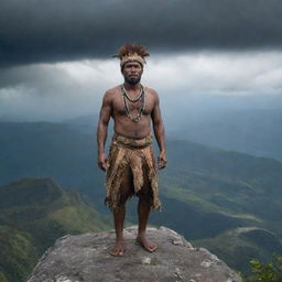 A Papua New Guinean man in traditional attire, standing atop a rocky mountain crest. The sky above him churns with dark, ominous clouds.