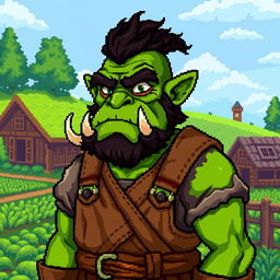 A green-skinned orc character with rugged features and tusks, dressed in rustic farming clothes, set in the quaint and charming world of Stardew Valley