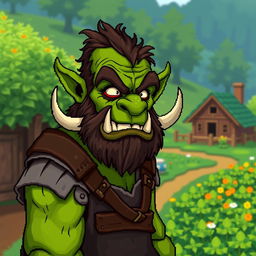 A green-skinned orc character with rugged features and tusks, dressed in rustic farming clothes, set in the quaint and charming world of Stardew Valley