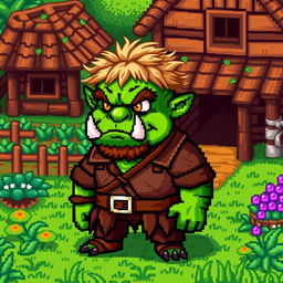A green-skinned orc character with rugged features and tusks, dressed in rustic farming clothes, set in the quaint and charming world of Stardew Valley