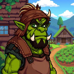 A green-skinned orc character with rugged features and tusks, dressed in rustic farming clothes, set in the quaint and charming world of Stardew Valley
